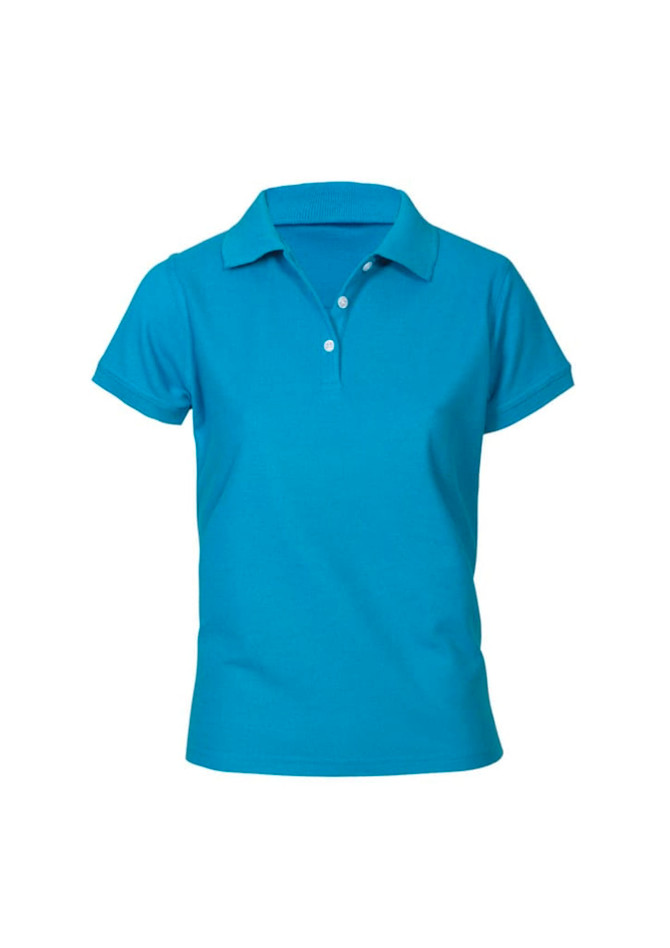 A women's short sleeve polo in bright turquoise, featuring a collar and button placket, with a logo on the chest.