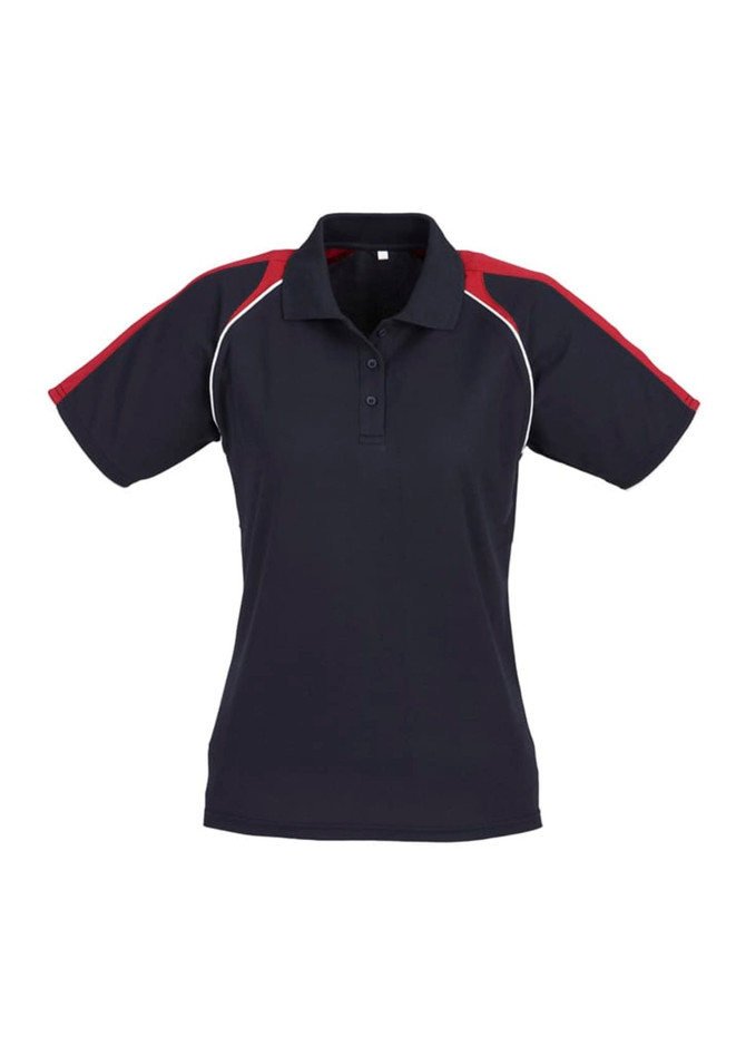 A women's short sleeve polo shirt featuring a navy body with red shoulders and white detailing, including a logo.