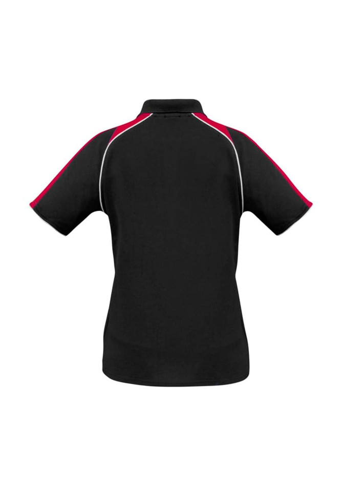 A black women's short sleeve polo shirt with red and white accents. It features a collar and has a logo.