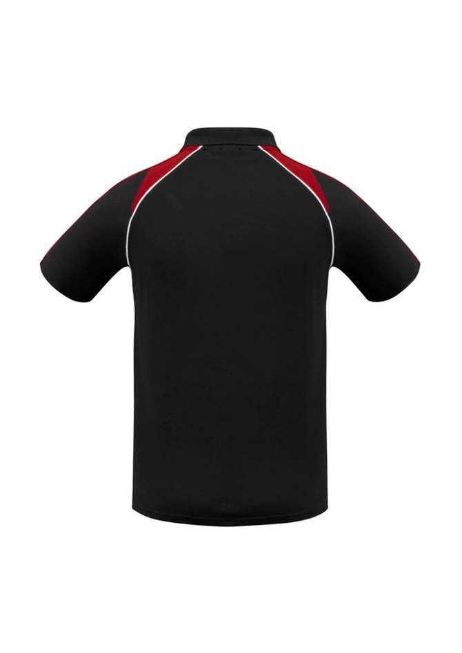 A black men’s polo shirt with red accents and a collar, featuring a logo on the chest.