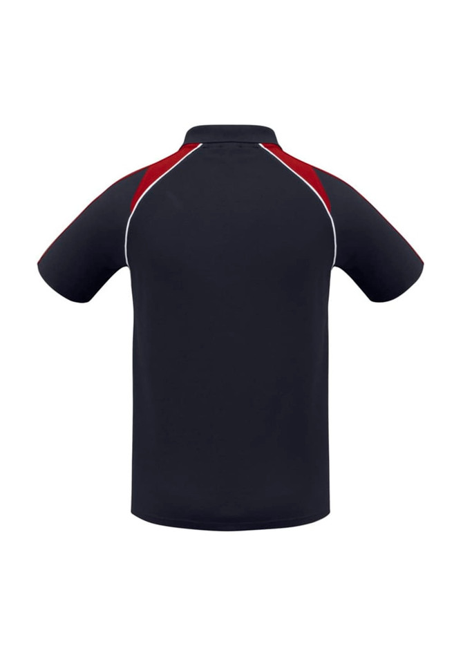 A navy men's polo shirt with red accents and a logo, featuring short sleeves and a classic collar.