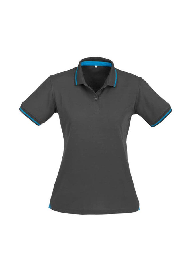 A women's short sleeve polo shirt in dark grey with blue detailing and a logo on the chest.