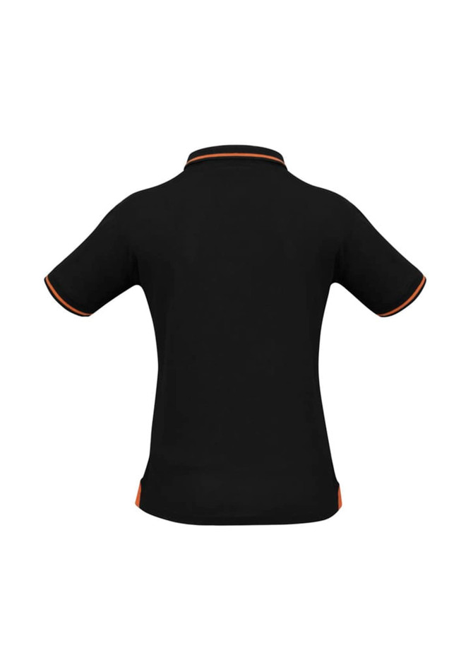 A black women's jet short sleeve polo with contrasting trim and a logo.