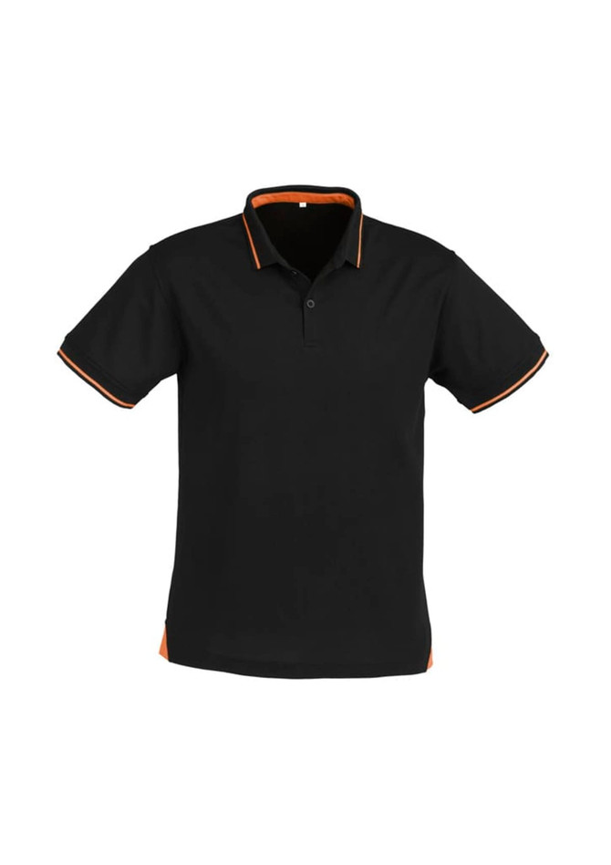 A black short sleeve polo shirt with orange detailing on the collar and hem, featuring a logo.