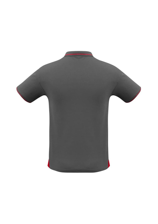 A grey men's short sleeve polo shirt with red detailing and a logo. The back view is displayed.