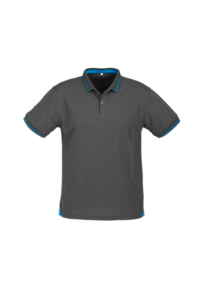 A grey short sleeve polo shirt with blue accents and a collar, featuring a logo.