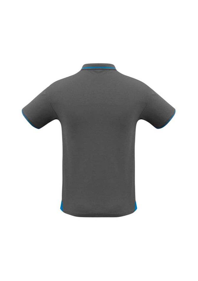 A men's polo shirt in grey with blue accents, featuring short sleeves and a collar. The back view is displayed.