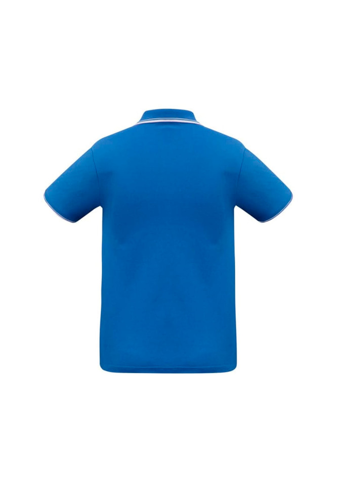 A blue short sleeve polo shirt featuring a contrasting collar and a logo. The back view showcases a simple design.