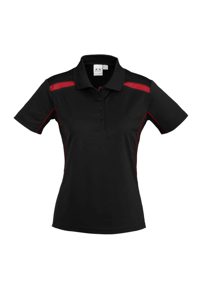 A black women's polo shirt with red accent stripes and a collar. It features a logo on the chest area.