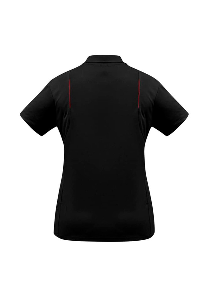 A women's short sleeve polo shirt in black with red detailing and a logo on the back.