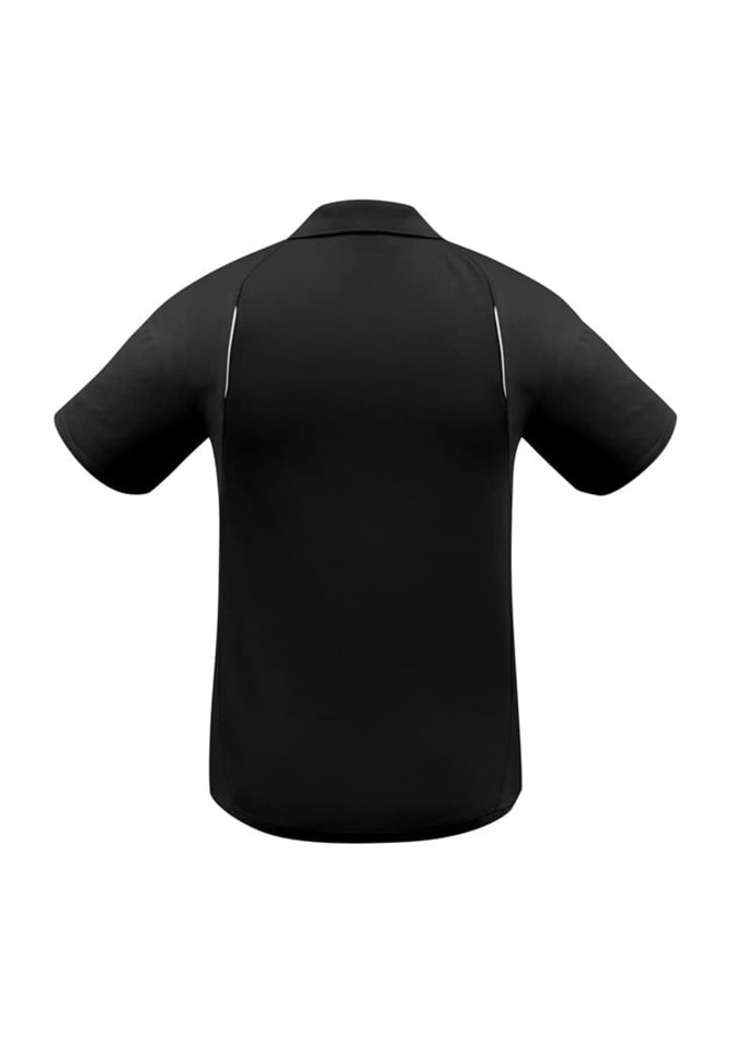 A black short sleeve polo shirt with a logo on the back and contrasting detailing on the sides.