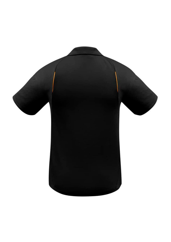 A black short sleeve polo shirt featuring a logo and contrasting yellow detailing on the sides.