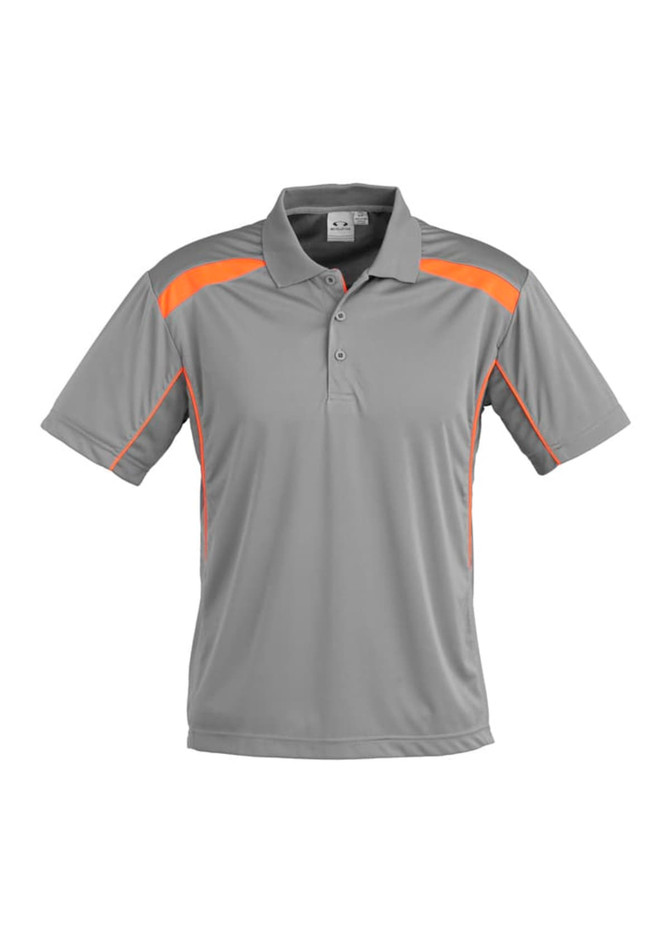 A grey short sleeve polo shirt with orange accents and a logo on the chest.