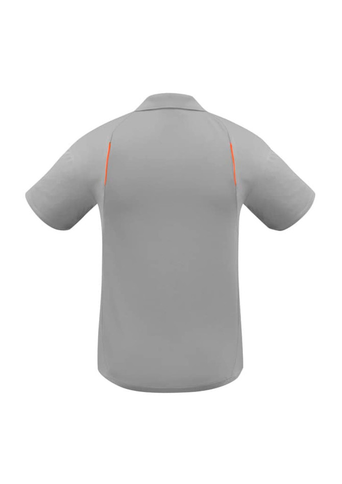 A grey short sleeve polo shirt with orange detailing and a logo on the back.