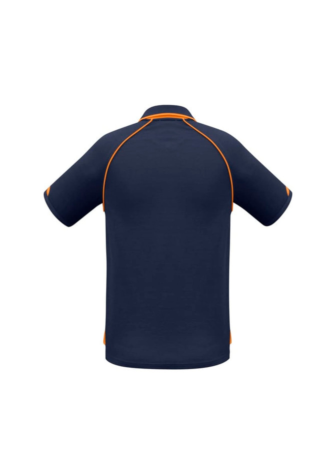 A navy blue short sleeve polo shirt featuring orange accents and a logo on the back.