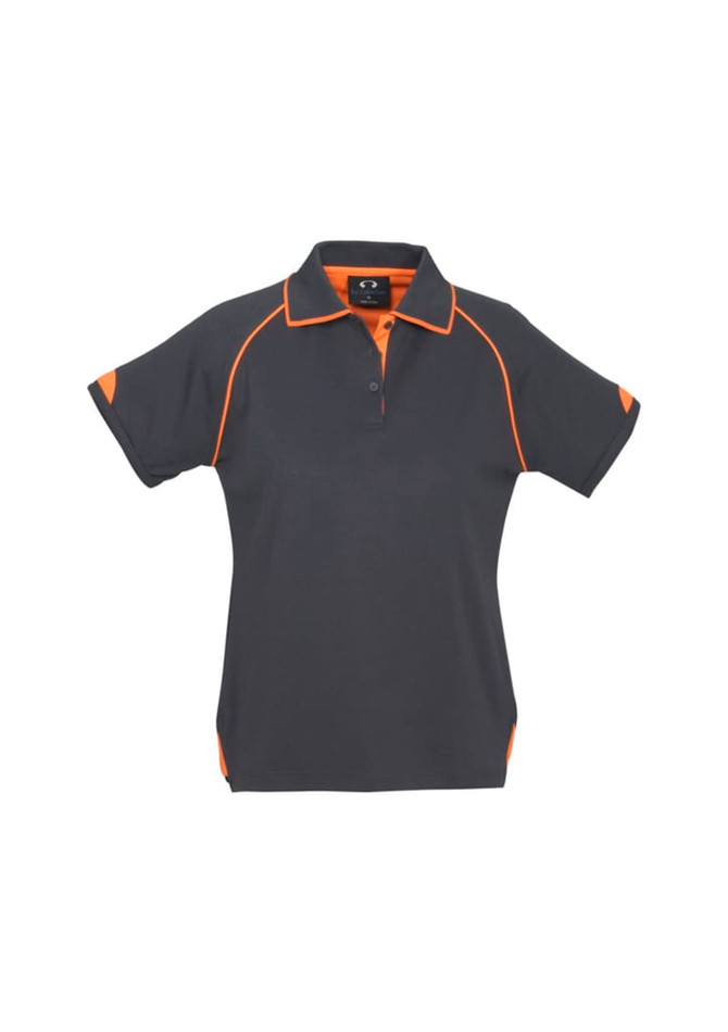A women's short sleeve polo shirt in dark grey with orange accents, featuring a logo.