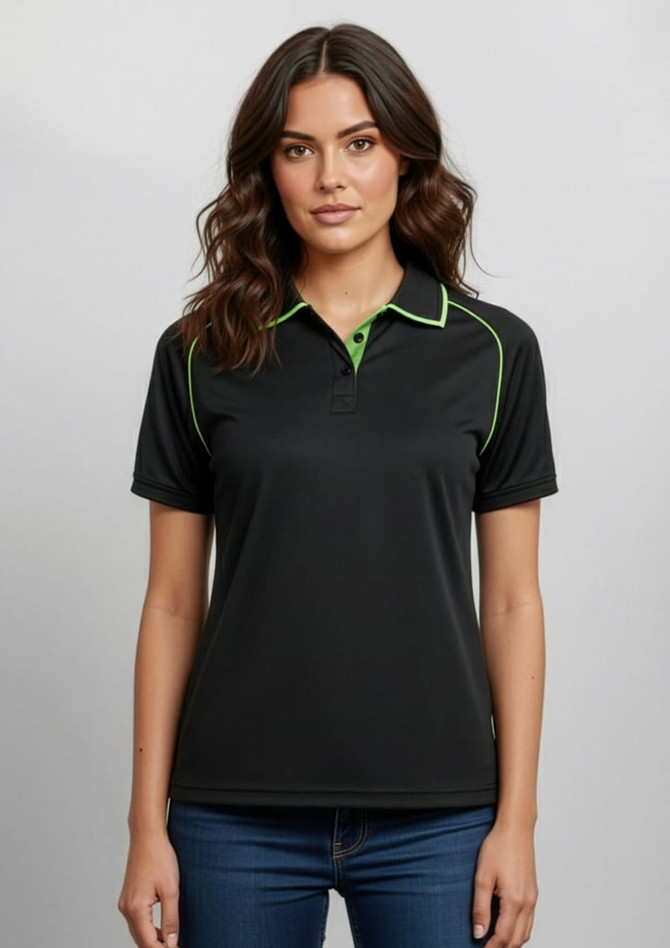 A black women's short sleeve polo shirt with green accents and a logo on it.