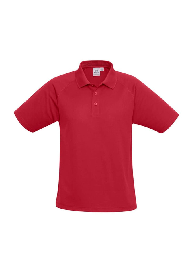 A red men's short sleeve polo shirt featuring a collar and logo.