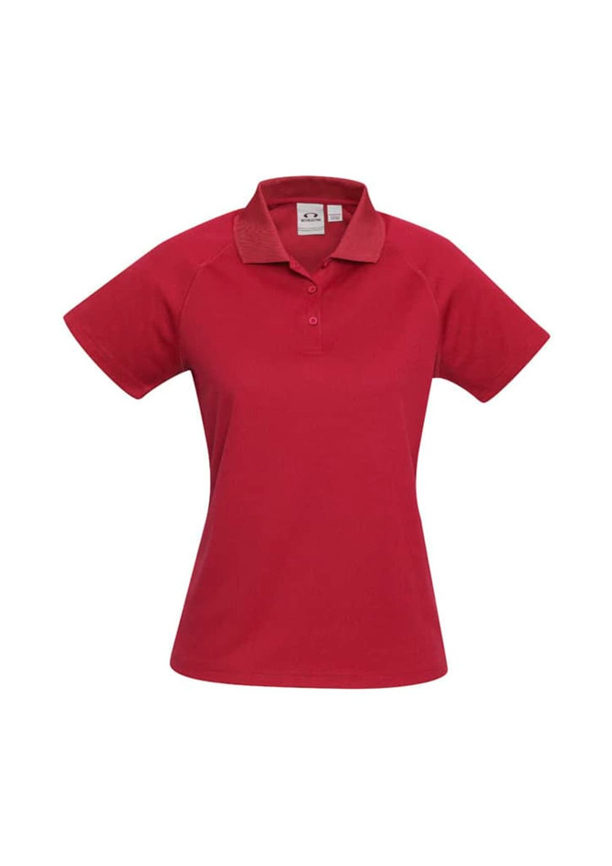 A women's short sleeve polo in a rich red colour, featuring a collar and a logo.