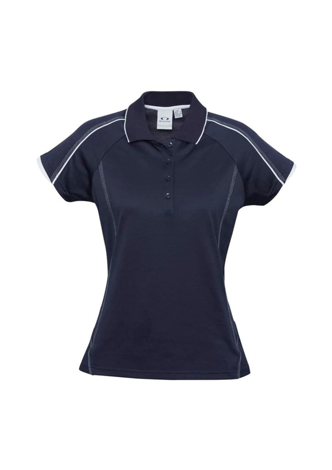 A women's short sleeve polo shirt in navy blue with white detailing and a logo.