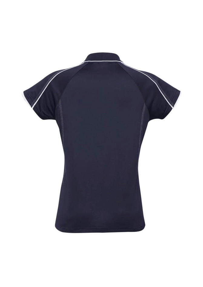 A dark navy polo shirt with short sleeves and contrasting trim, featuring a logo on the back.