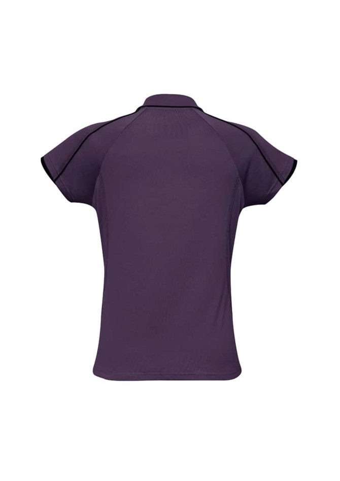 A women's short sleeve polo shirt in purple with contrasting black trim and a logo.
