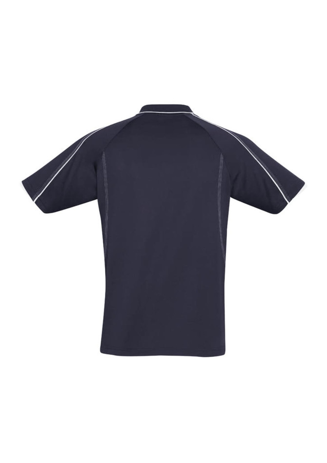 A navy blue short sleeve polo shirt featuring contrasting stitching and a logo on the chest.