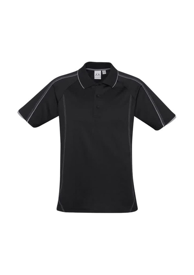 A black men's short sleeve polo shirt with contrasting stitching and a logo.