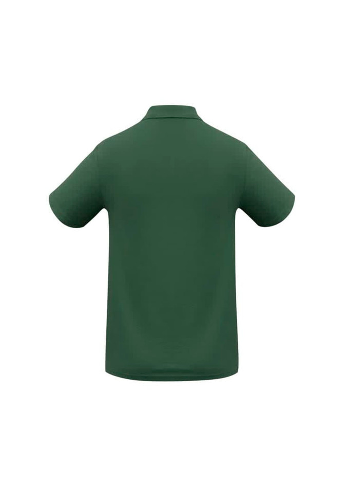 A green men's polo shirt featuring a classic collar and short sleeves, with a branding logo on the back.