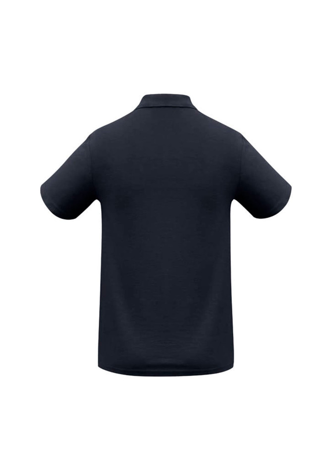 A navy blue men's polo shirt featuring a classic design and a logo on the back.