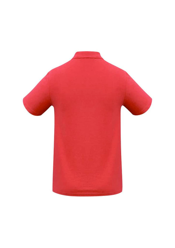 A red polo shirt with a collar and short sleeves. The back features a logo.