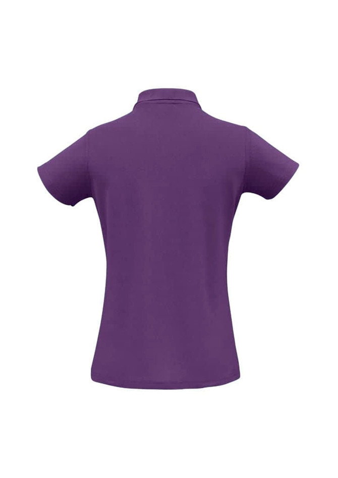 A purple ladies' polo shirt featuring a collar and short sleeves, with a branding logo on the back.