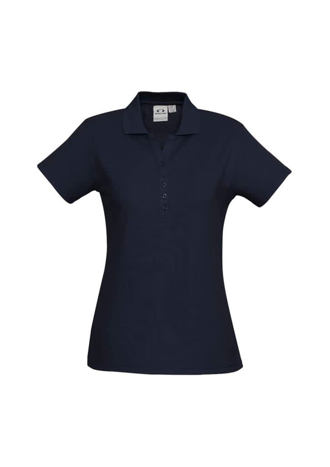 A navy polo shirt for women featuring a collar and button placket, with a logo on the chest area.