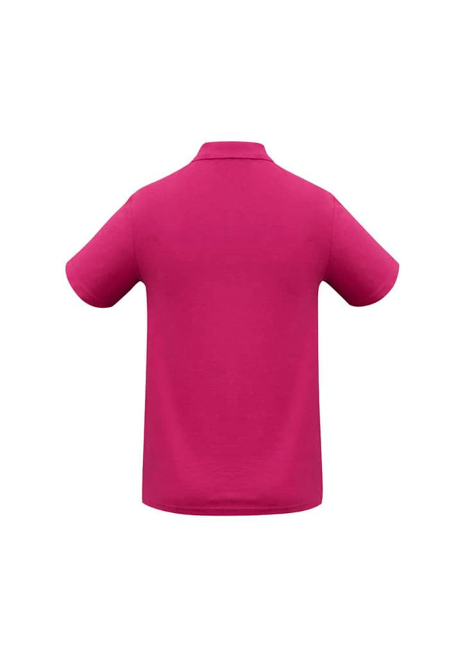 A magenta polo shirt with short sleeves and a collar. The back view features a simple design with a logo.