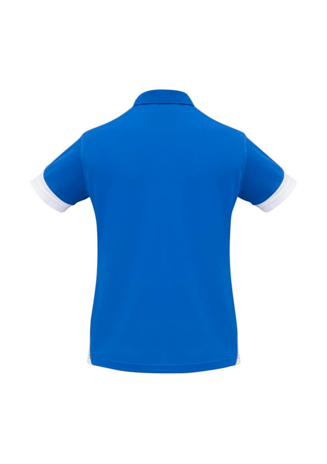 A blue women's short sleeve polo shirt with white collar and sleeve accents, featuring a logo on the front.