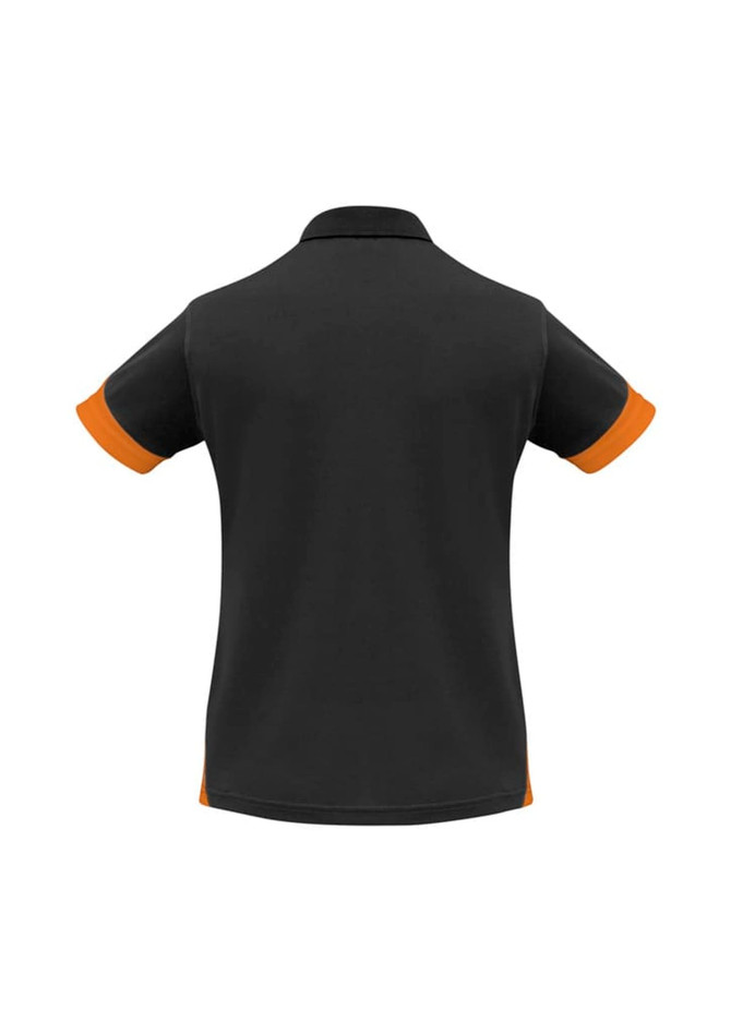 A black women's polo shirt with orange detailing on the sleeves and collar, featuring a logo.