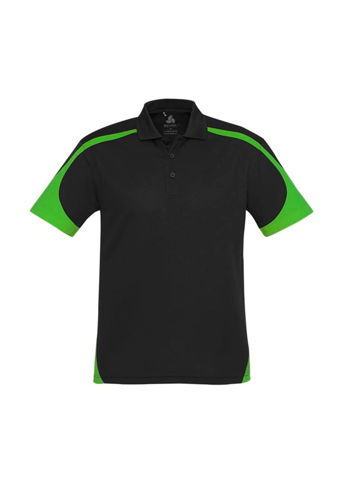 A black polo shirt with green accents on the sleeves and sides, featuring a logo.