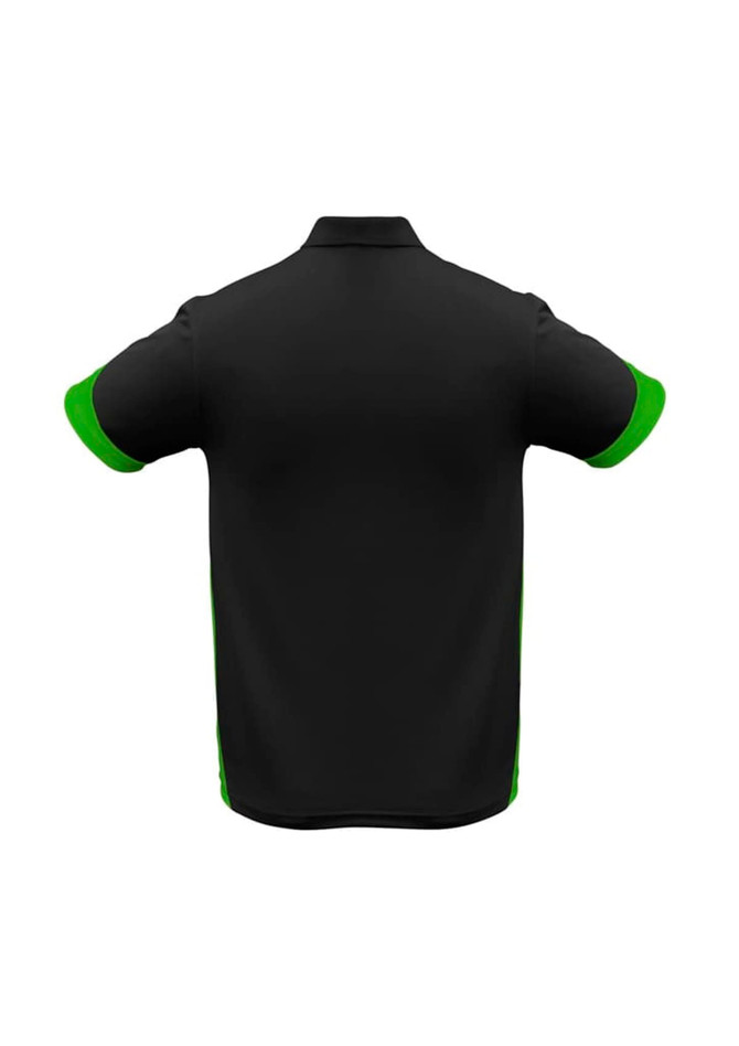 A black polo shirt with green sleeves. The design features a logo on the front.
