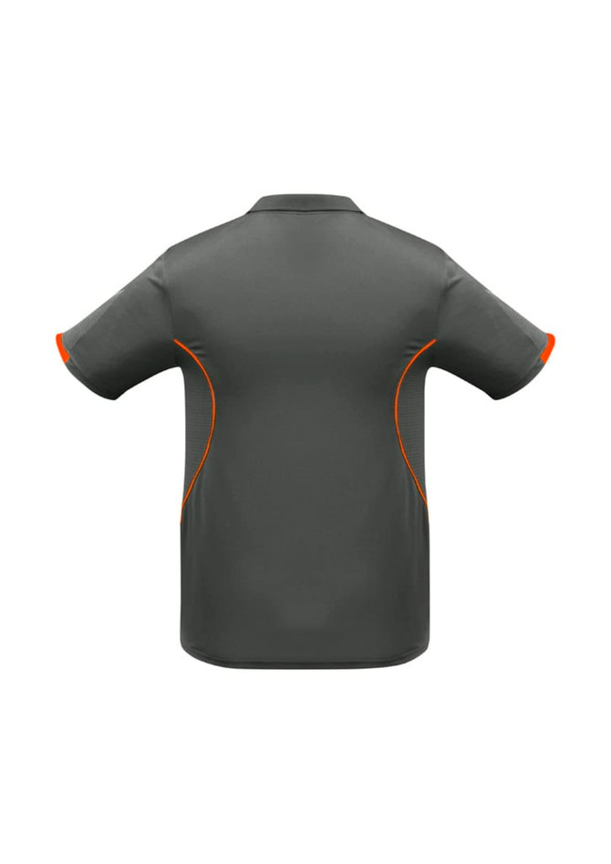 A grey polo shirt with orange accents, featuring a logo on the left side. Short sleeves and a classic collar design.