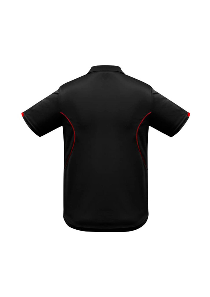 A black polo shirt with short sleeves, featuring red detailing and a logo.