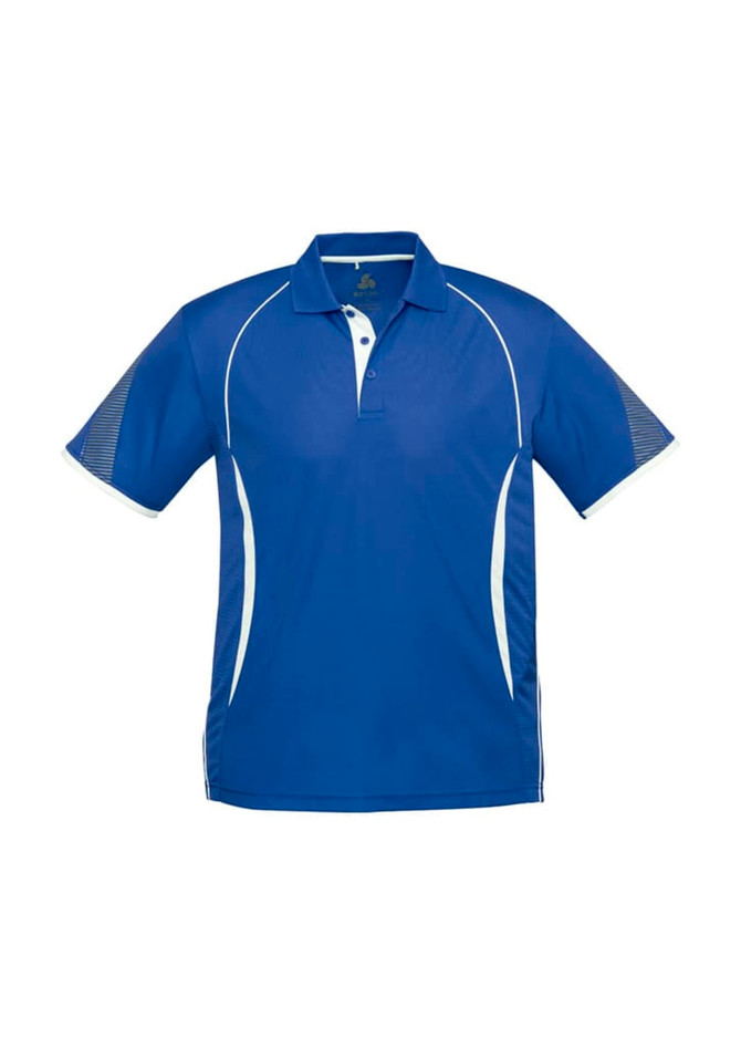 A blue short sleeve polo shirt featuring white accents and a logo. Suitable for kids.