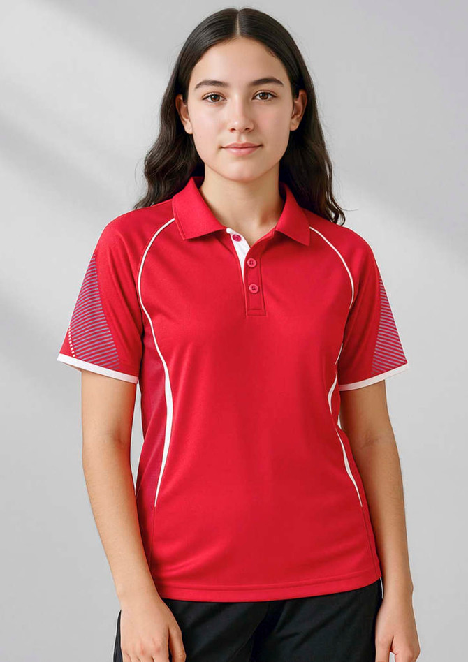 A red short sleeve polo shirt featuring contrasting sleeves and a logo. Suitable for kids.