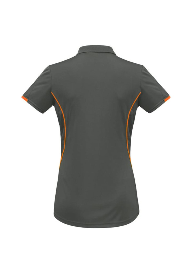 A women's short sleeve polo shirt in grey with orange detailing and a logo. The back view displays a streamlined design.