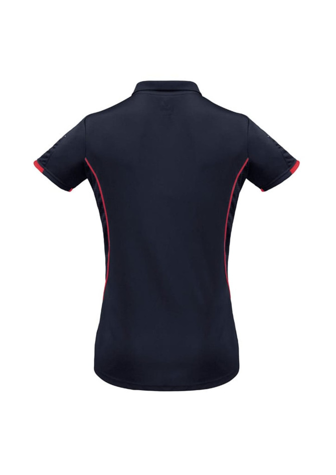 A navy blue women's short sleeve polo shirt with red accents and a branded logo.
