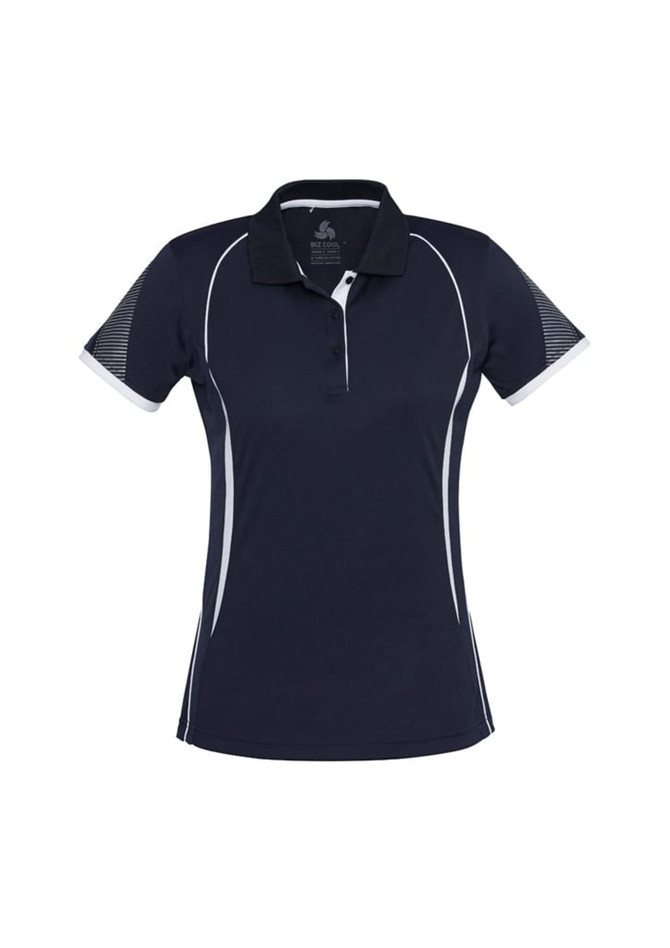 A women's short sleeve polo shirt in navy with white accents and mesh details on the shoulders. It features a logo.