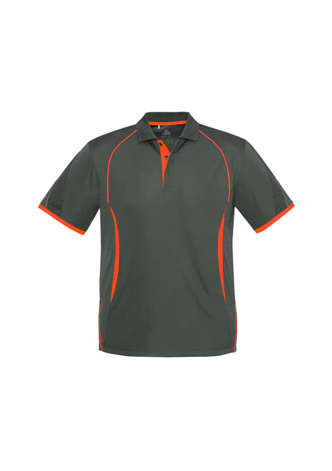 A grey polo shirt with orange accents, featuring short sleeves and a collar, and includes a logo.