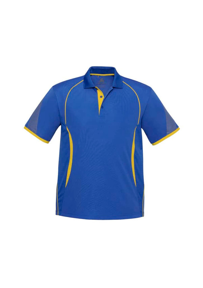 A blue polo shirt with yellow accents and mesh panels on the sleeves, featuring a logo on the chest.