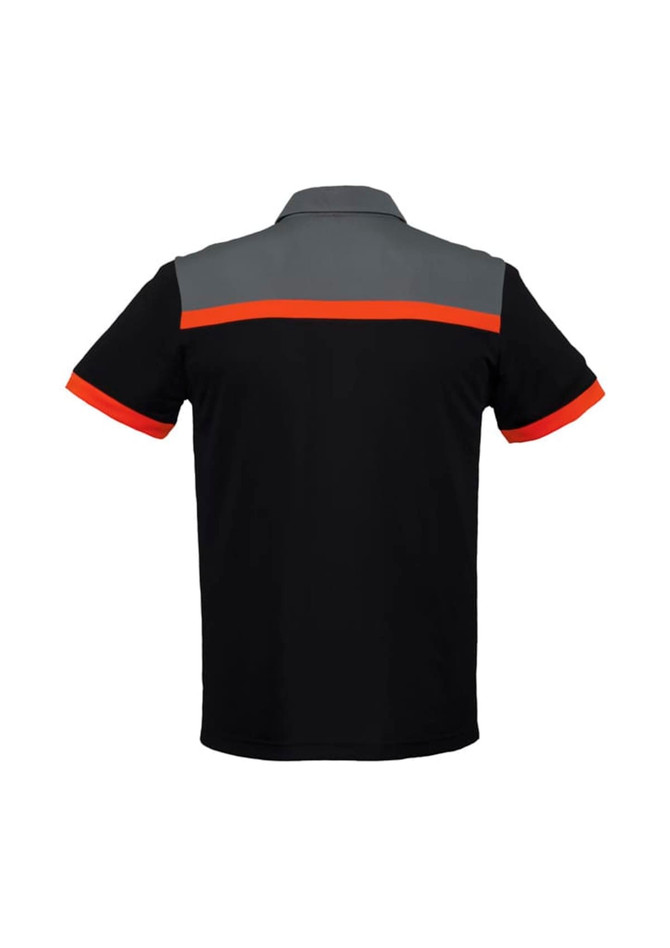 A black short sleeve polo shirt featuring grey and orange stripes. The shirt has a branding logo on it.
