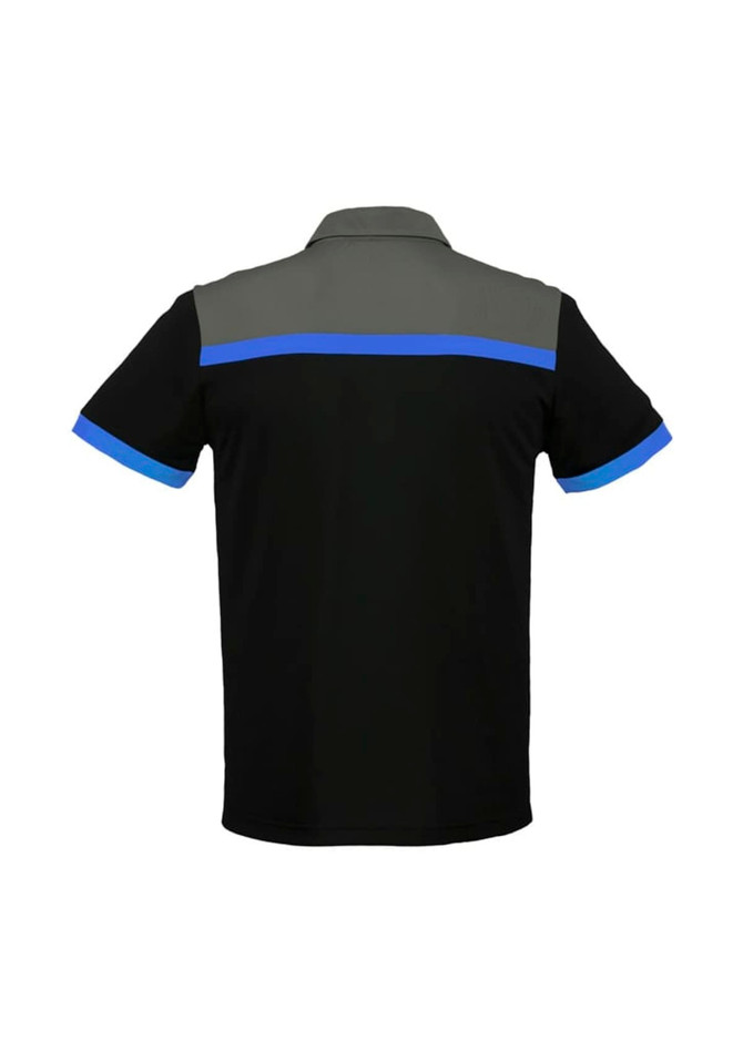 A black and grey short sleeve polo shirt with blue accents and a logo on the back.