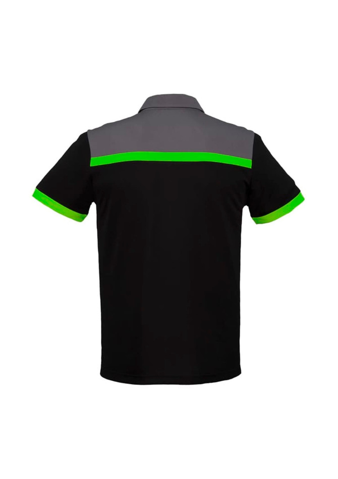 A black short sleeve polo shirt featuring grey and bright green detailing on the shoulders and sleeves, with a logo present.